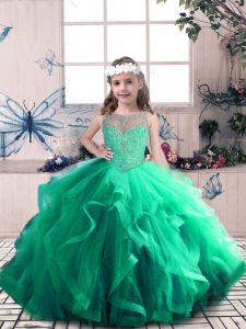 Beading and Ruffles Little Girls Pageant Dress Green Lace Up Sleeveless Floor Length
