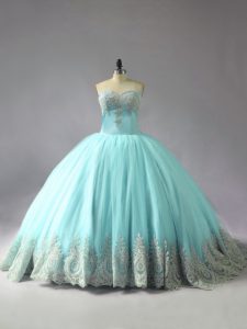 Sweetheart Sleeveless Court Train Lace Up Sweet 16 Dress Blue Tulle