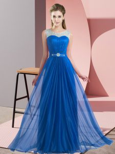 Hot Selling Blue Scoop Lace Up Beading Bridesmaid Dress Sleeveless