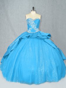 Nice Lace Up Ball Gown Prom Dress Baby Blue for Sweet 16 and Quinceanera with Embroidery Court Train