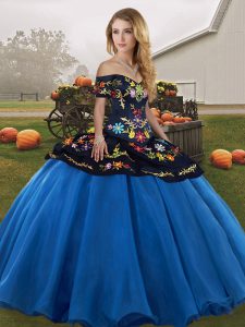 Romantic Floor Length Blue And Black 15 Quinceanera Dress Off The Shoulder Sleeveless Lace Up