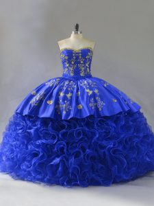 Royal Blue Lace Up Quinceanera Gown Embroidery and Ruffles Sleeveless Floor Length