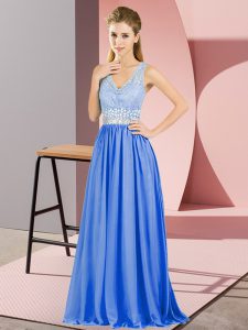 Chiffon V-neck Sleeveless Backless Beading and Lace Dress for Prom in Blue