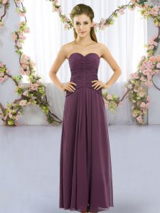 Ruching Quinceanera Dama Dress Dark Purple Lace Up Sleeveless Floor Length