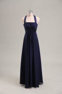 Delicate Halter Top Sleeveless Dress for Prom Floor Length Ruching Navy Blue Chiffon