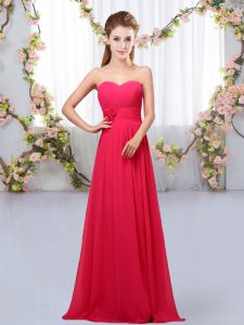 Exceptional Sleeveless Chiffon Floor Length Lace Up Bridesmaid Gown in Hot Pink with Hand Made Flower
