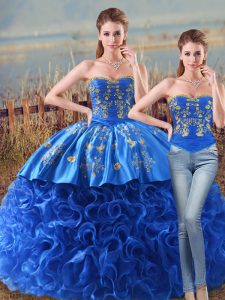 Noble Royal Blue Two Pieces Fabric With Rolling Flowers Sweetheart Sleeveless Embroidery and Ruffles Lace Up Sweet 16 Dr