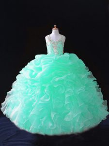 Apple Green Zipper Straps Beading and Ruffles and Pick Ups Pageant Gowns For Girls Organza Sleeveless