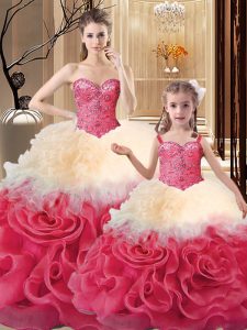Multi-color Ball Gowns Sweetheart Sleeveless Fabric With Rolling Flowers Floor Length Lace Up Beading and Ruffles Sweet 