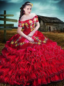 Fantastic Red Quinceanera Dress Sweet 16 and Quinceanera with Embroidery and Ruffles Off The Shoulder Sleeveless Lace Up