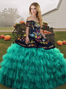 Exceptional Organza Off The Shoulder Sleeveless Lace Up Embroidery and Ruffled Layers Sweet 16 Dress in Turquoise