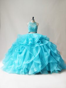 Edgy Aqua Blue Organza Lace Up Halter Top Sleeveless Floor Length Quinceanera Gowns Beading and Ruffles