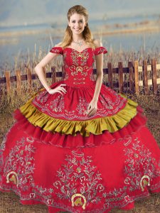 Red Sleeveless Floor Length Embroidery Lace Up Quinceanera Gown