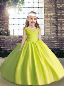 Cute Floor Length Yellow Green Little Girl Pageant Gowns Straps Sleeveless Lace Up