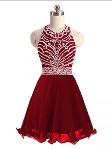 Latest Sleeveless Mini Length Beading Lace Up Prom Gown with Wine Red