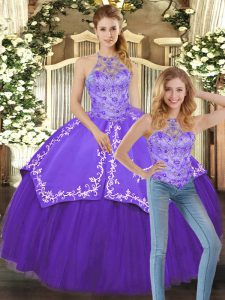 Cute Purple Halter Top Neckline Beading and Embroidery Vestidos de Quinceanera Sleeveless Lace Up