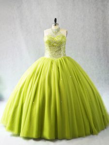 Yellow Green Ball Gowns Beading Sweet 16 Quinceanera Dress Lace Up Tulle Sleeveless