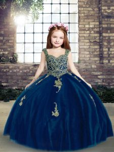 Blue Sleeveless Appliques Floor Length Child Pageant Dress