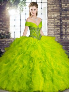 Olive Green Off The Shoulder Lace Up Beading and Ruffles Vestidos de Quinceanera Sleeveless