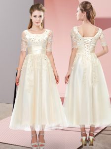 Cute Champagne Scoop Neckline Beading and Lace Dama Dress for Quinceanera Short Sleeves Lace Up