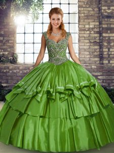 Fantastic Green Taffeta Lace Up Quinceanera Dress Sleeveless Floor Length Beading and Ruffled Layers