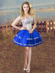 New Style Blue And White Satin Lace Up Sleeveless Mini Length Embroidery
