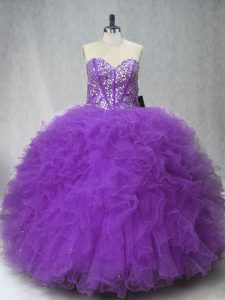 Purple Sweetheart Neckline Beading and Ruffles Vestidos de Quinceanera Sleeveless Lace Up