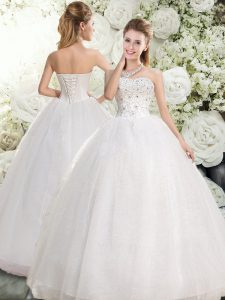 White Lace Up Wedding Gown Beading Sleeveless Floor Length