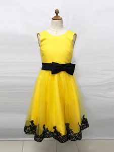 Yellow Sleeveless Tea Length Lace and Belt Zipper Toddler Flower Girl Dress