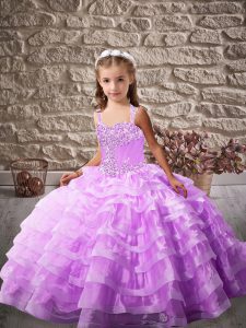 Glorious Lavender Kids Pageant Dress Party and Sweet 16 and Wedding Party with Beading and Ruffled Layers Straps Sleevel