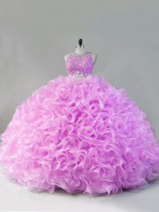 Classical Lilac Two Pieces Beading and Ruffles Quinceanera Dresses Zipper Fabric With Rolling Flowers Sleeveless Floor L