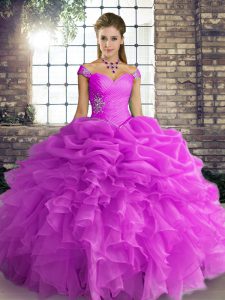 Floor Length Lilac Quinceanera Dresses Organza Sleeveless Beading and Ruffles and Pick Ups