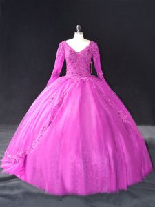 Tulle Long Sleeves Floor Length Quinceanera Dresses and Lace and Appliques