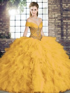 Beading and Ruffles Sweet 16 Quinceanera Dress Gold Lace Up Sleeveless Floor Length