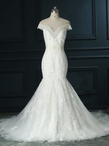 High Class White Sleeveless Court Train Beading and Lace Wedding Dresses