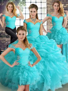 Aqua Blue Sleeveless Organza Lace Up Ball Gown Prom Dress for Military Ball and Sweet 16 and Quinceanera