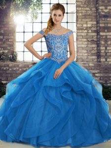 On Sale Lace Up Vestidos de Quinceanera Blue for Military Ball and Sweet 16 and Quinceanera with Beading and Ruffles Bru