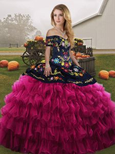 Hot Selling Fuchsia Sleeveless Organza Lace Up Quinceanera Dresses for Military Ball and Sweet 16 and Quinceanera