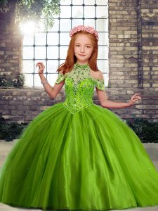 Attractive Olive Green Off The Shoulder Lace Up Beading High School Pageant Dress Sleeveless