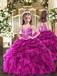 Fuchsia Ball Gowns Organza Straps Sleeveless Beading and Ruffles Floor Length Lace Up Kids Formal Wear