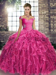 Top Selling Fuchsia Off The Shoulder Neckline Beading and Ruffles Vestidos de Quinceanera Sleeveless Lace Up