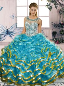 Scoop Sleeveless Lace Up 15th Birthday Dress Blue Organza