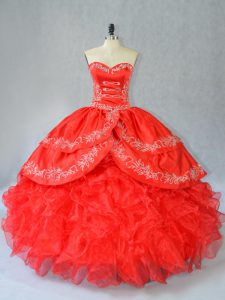 Stylish Embroidery and Ruffles Quinceanera Gown Red Side Zipper Sleeveless Floor Length