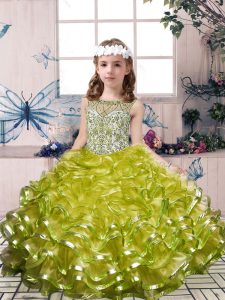 Olive Green Organza Lace Up Little Girls Pageant Dress Sleeveless Floor Length Beading and Ruffles