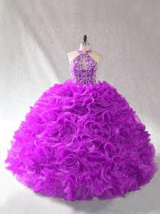 Purple Halter Top Lace Up Beading Quince Ball Gowns Sleeveless