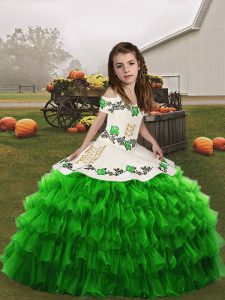 Inexpensive Organza Straps Sleeveless Lace Up Embroidery and Ruffled Layers Kids Pageant Dress in