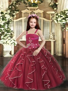 Burgundy Sleeveless Beading and Ruffles Floor Length Pageant Gowns For Girls