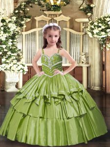 Taffeta Straps Sleeveless Lace Up Beading and Ruffled Layers Child Pageant Dress in Olive Green