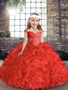 Ball Gowns Kids Pageant Dress Red Straps Organza and Fabric With Rolling Flowers Sleeveless Floor Length Lace Up