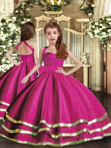 Organza Straps Sleeveless Lace Up Ruffled Layers and Ruching Child Pageant Dress in Fuchsia